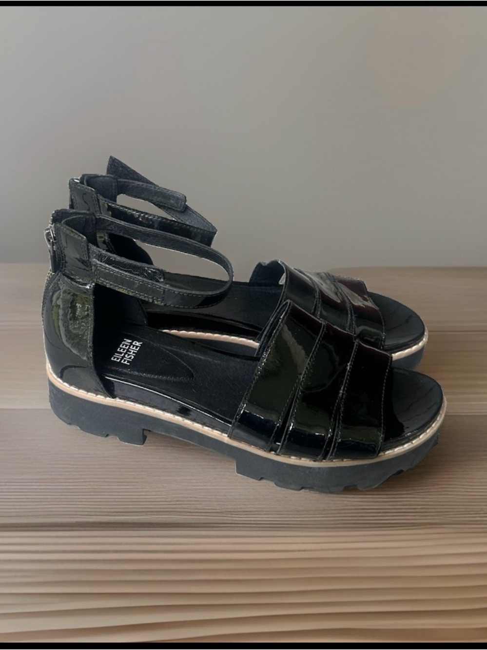 Eileen Fisher Heir Chunky Platform Ankle Strap Patent Leather Sandals Shoes~9.5